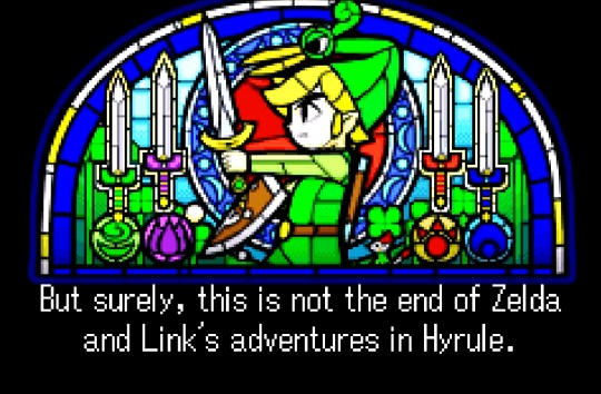 Stain glass depiction of Link and Ezlo and the Four Sword