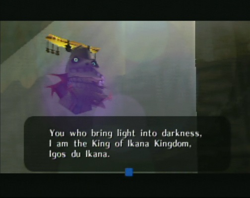 Image of ghost king Igos du Ikana from Majora's Mask. Floating skeleton head with a crown and purple haze around it in a sunbeam. 