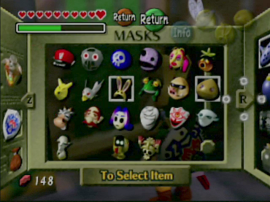 Majora's Mask mask screen showing 21 of 24 mas