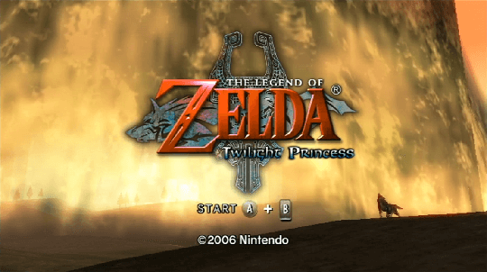 Twilight Princess title screen with Wolf Link howling in the background against a magical barrier.