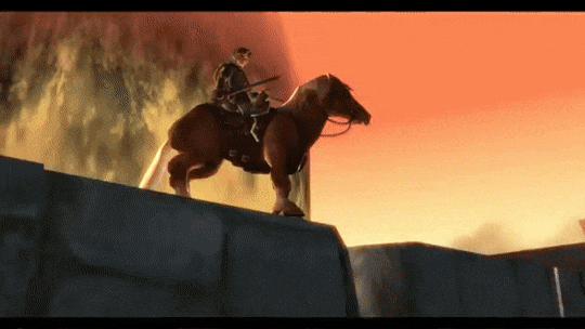 Link rears Epona in front of the sunset