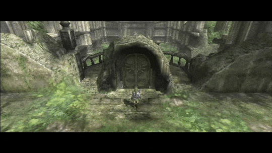 A ruined door stands alone without walls or rooms connecting it. It opens to a blurry colorless background. Link steps through and the screen fades to a brilliant white.