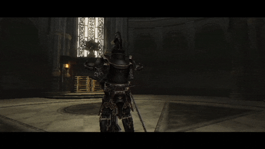 A Darknut, wearing heavy dark armor and shield swings a massive sword menacingly as he prepares to battle Link
