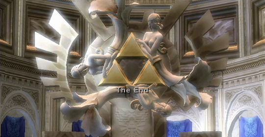 Statues of the goddesses clinging to the Triforce overlayed with the text "The End"